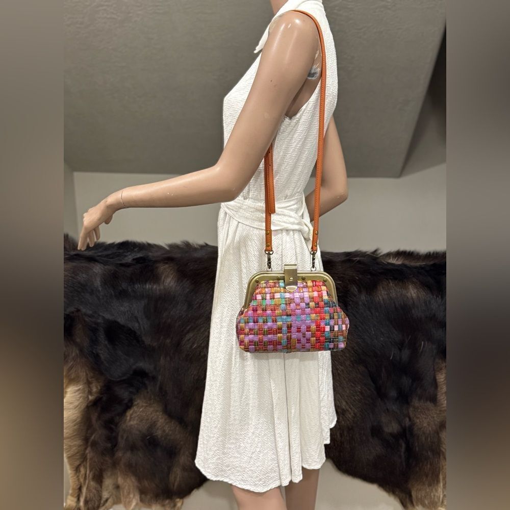 Colorful Woven Cowhide Leather Retro Metal Frame & Push Lock Handbag, Crossbody - Picture 7 of 14